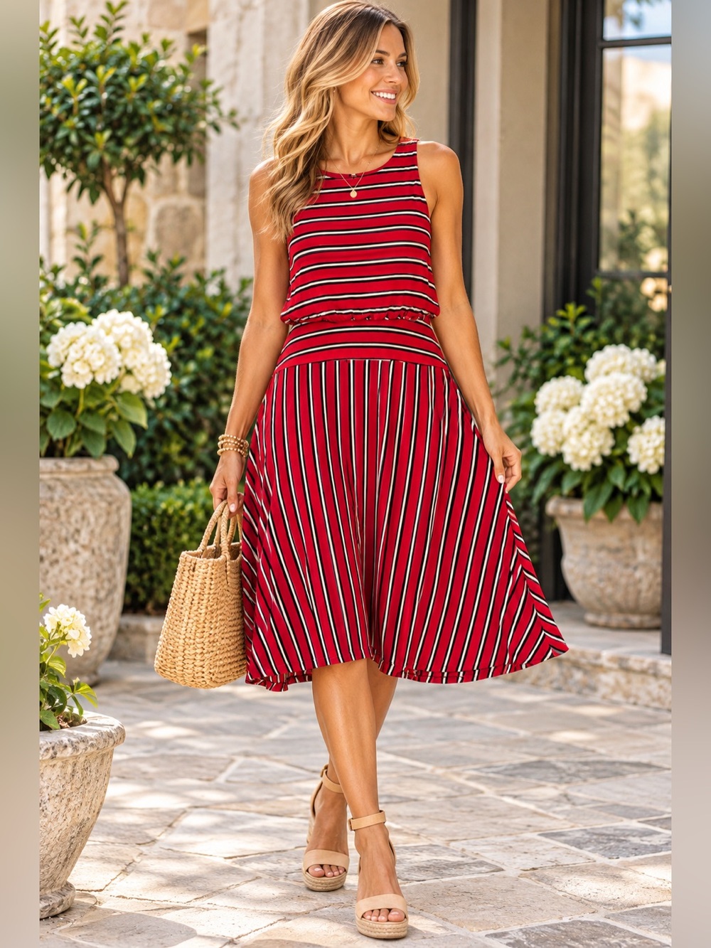 LOFT Striped Midi Dress Large Red Black White Blouson Fit NWOT